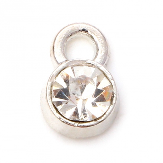Bild von Zinklegierung Monatsstein Charms Rund Silberfarbe April Weiß Strass 9mm x 6mm, 20 Stück