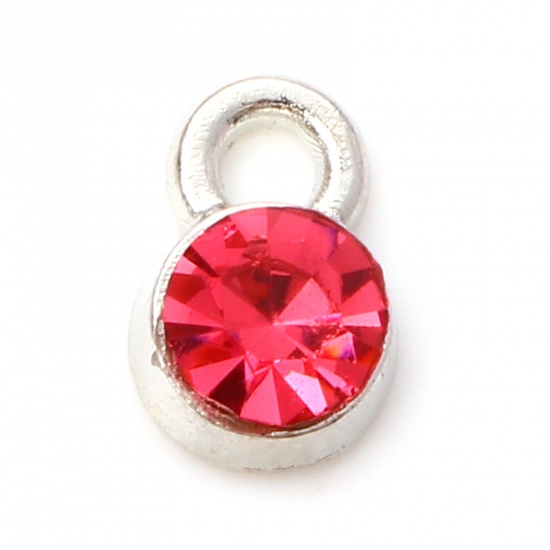 Bild von Zinklegierung Monatsstein Charms Rund Silberfarbe Oktober Fuchsie Strass 9mm x 6mm, 20 Stück