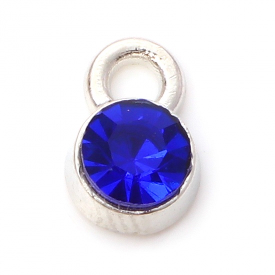 Bild von Zinklegierung Monatsstein Charms Rund Silberfarbe September Saphirblau Strass 9mm x 6mm, 20 Stück