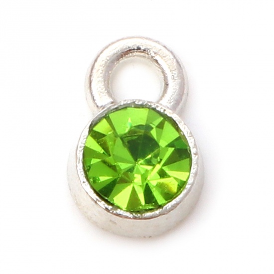 Bild von Zinklegierung Monatsstein Charms Rund Silberfarbe August Hellgrün Strass 9mm x 6mm, 20 Stück