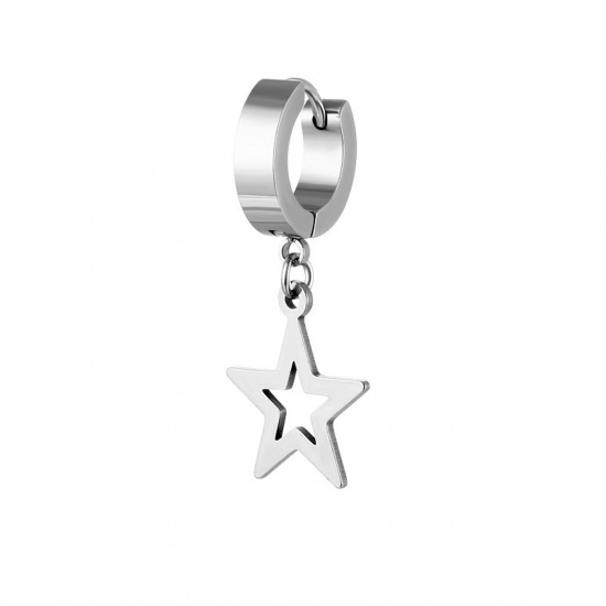 Immagine di Acciaio Inossidabile Galassia orecchino cerchio Tono Argento Tondo Stella a Cinque Punte 29mm, Posta / Filo Dimensione: (18 misura), 2 Pz