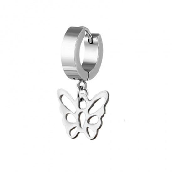 Immagine di Acciaio Inossidabile Insetto orecchino cerchio Tono Argento Tondo Farfalla 29mm, Posta / Filo Dimensione: (18 misura), 2 Pz