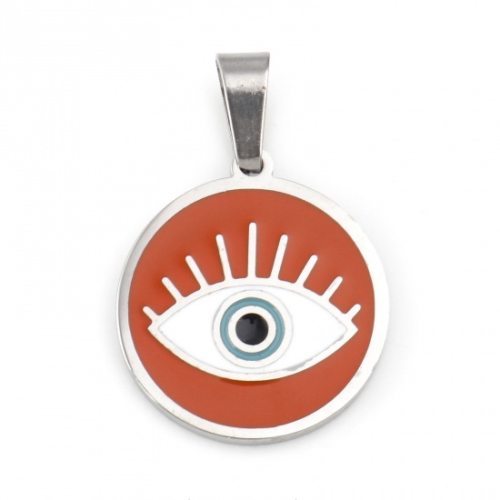 Picture of 304 Stainless Steel Religious Charms Silver Tone Red Round Evil Eye Enamel 22mm x 15mm, 1 Piece