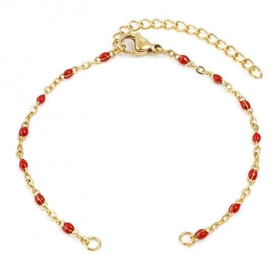 Image de Apprêts de Bracelets en 304 Acier Inoxydable Chaîne Maille Forçat Doré Rouge Émail 16cm Long, 1 Pièce