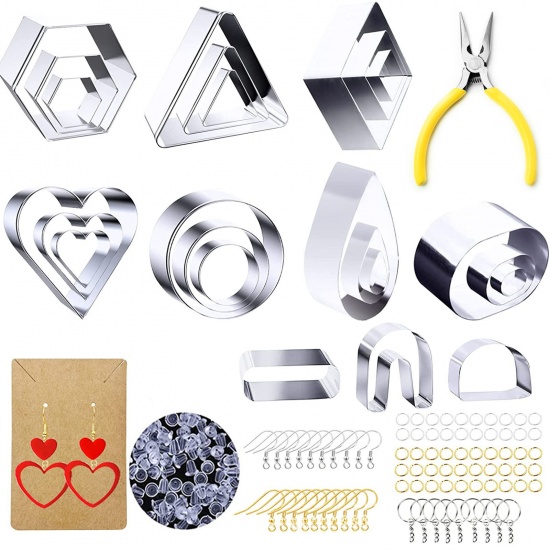 Picture of Stainless Steel Modeling Clay Tools Clay Cutters DIY Earring Kit For Jewelry Making Silver Tone 1 Set（ 185 PCs/Set）