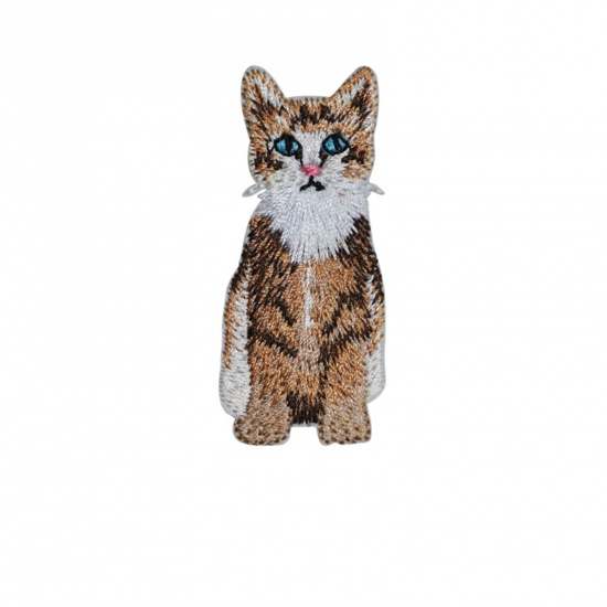 Picture of Polyester Iron On Patches Appliques (With Glue Back) Craft Brown Cat Animal 6.2cm x 2.2cm, 5 PCs