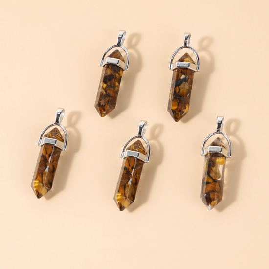 Picture of Tiger's Eyes ( Natural ) Pendants Silver Tone Brown Yellow Hexagonal Column 40mm x 8mm, 5 PCs