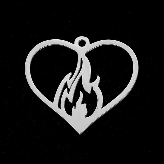 Immagine di Stainless Steel Charms Silver Tone Heart Flame Fire Hollow 28mm x 26mm, 5 PCs