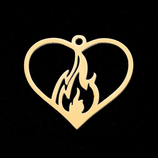 Immagine di Stainless Steel Charms Gold Plated Heart Flame Fire Hollow 28mm x 26mm, 5 PCs
