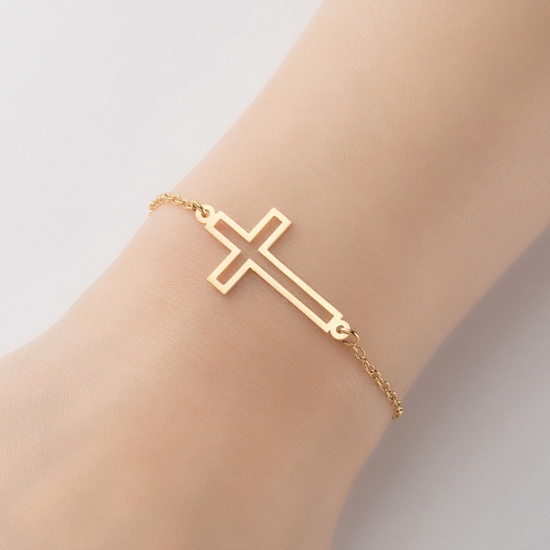 Immagine di Titanium Steel Religious Bracelets Gold Plated Cross Hollow 13.5cm, 2 PCs