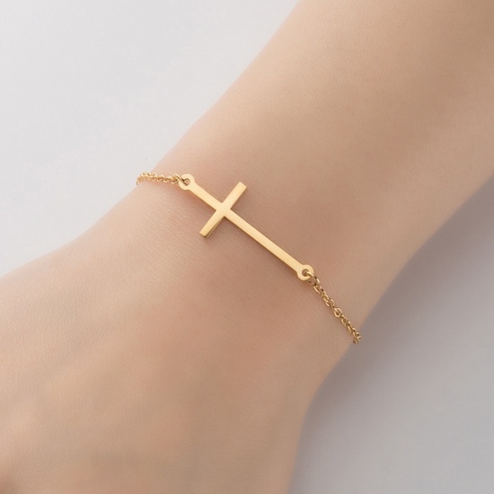Immagine di Titanium Steel Religious Bracelets Gold Plated Cross 13.5cm, 2 PCs