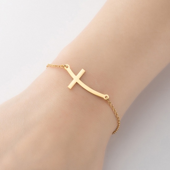 Immagine di Titanium Steel Religious Bracelets Gold Plated Cross 13.5cm, 2 PCs