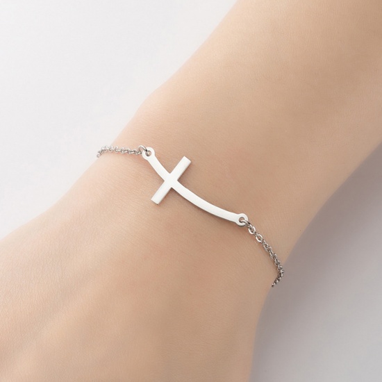 Immagine di Titanium Steel Religious Bracelets Silver Tone Cross 13.5cm, 2 PCs