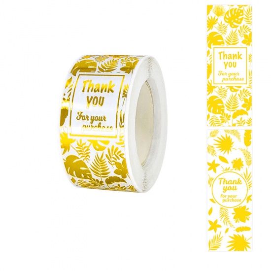 Immagine di Golden - 1# Thank You Flower Printed Rectangle Art Paper Gold Stamping DIY Scrapbook Stickers Decoration 3x8cm, 1 Roll(120 PCs/Roll)