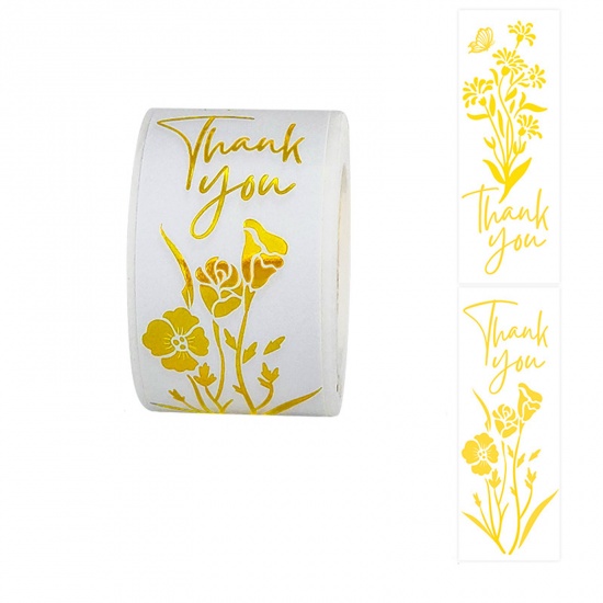 Immagine di Golden - 2# Thank You Flower Printed Rectangle Art Paper Gold Stamping DIY Scrapbook Stickers Decoration 3x8cm, 1 Roll(120 PCs/Roll)