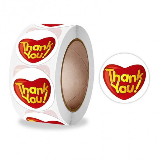 Immagine di Red - 3# Thank You Heart Printed Round Art Paper DIY Scrapbook Stickers 2.5cm Dia., 1 Roll(500 PCs/Roll)