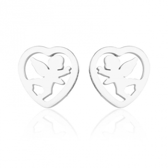 Immagine di Acciaio Inossidabile Elegante Orecchini a Perno Tono Argento Cuore Angelo Filigrana 10mm x 9mm, Posta / Filo Dimensione: (18 misura), 4 Paia