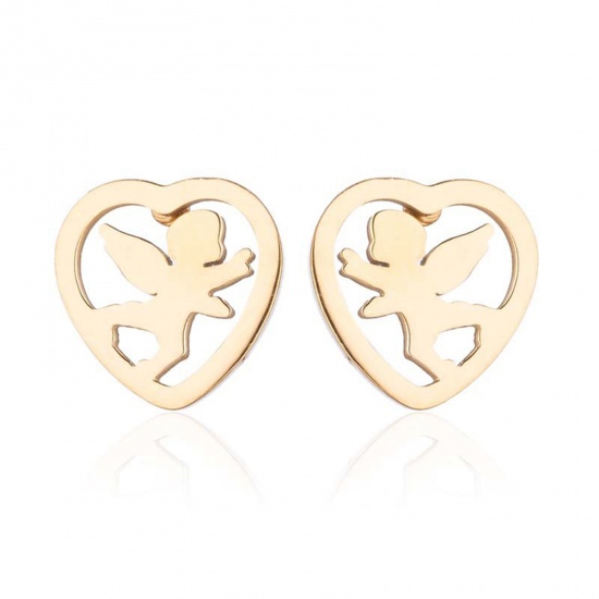 Immagine di Acciaio Inossidabile Elegante Orecchini a Perno Oro Placcato Cuore Angelo Filigrana 10mm x 9mm, Posta / Filo Dimensione: (18 misura), 4 Paia