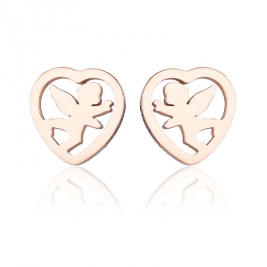 Immagine di Acciaio Inossidabile Elegante Orecchini a Perno Oro Rosa Cuore Angelo Filigrana 10mm x 9mm, Posta / Filo Dimensione: (18 misura), 4 Paia