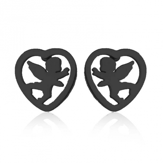 Immagine di Acciaio Inossidabile Elegante Orecchini a Perno Nero Cuore Angelo Filigrana 10mm x 9mm, Posta / Filo Dimensione: (18 misura), 4 Paia