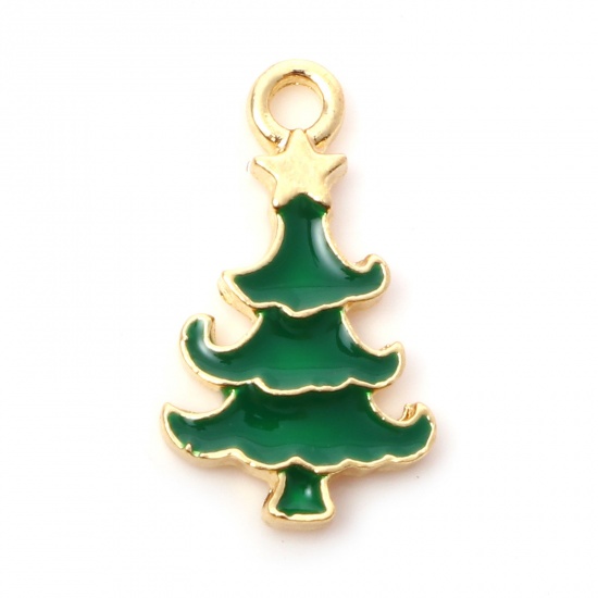 亜鉛合金 クリスマス チャーム クリスマスツリー 金メッキ 緑 エナメル 19mm x 11mm、 10 個 の画像