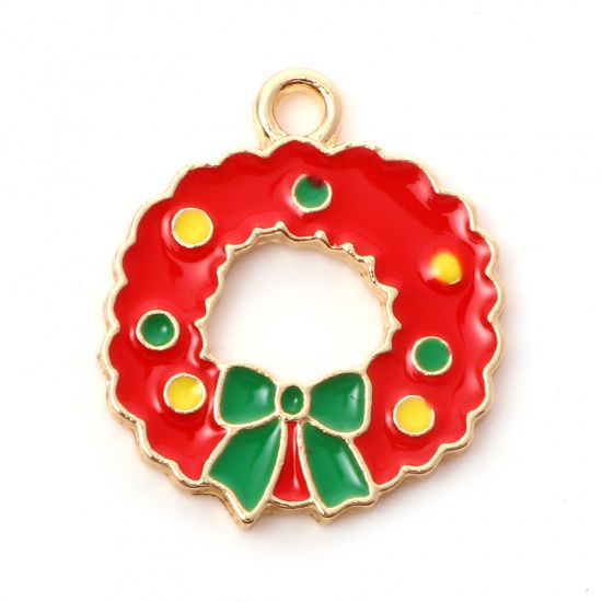 Immagine di Lega di Zinco Natale Charms Corona di Natale Oro Placcato Rosso & Verde Smalto 20mm x 18mm , 10 Pz