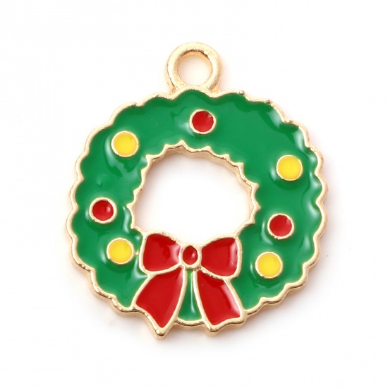 Immagine di Lega di Zinco Natale Charms Corona di Natale Oro Placcato Rosa & Verde Smalto 20mm x 18mm , 10 Pz
