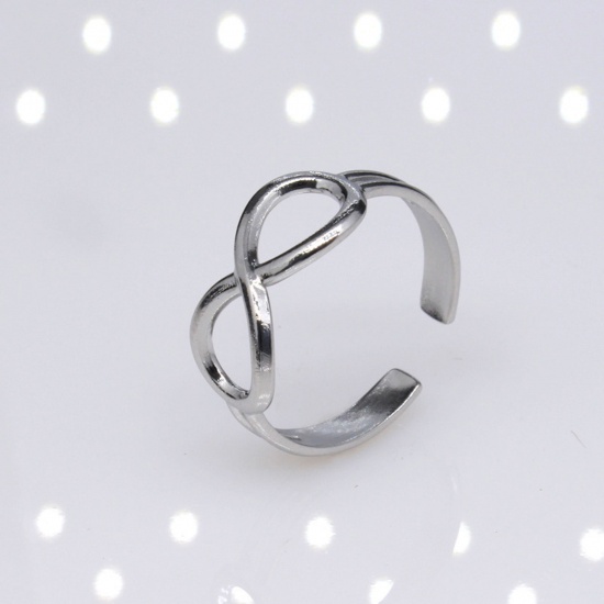 Picture of Stainless Steel Punk Open Adjustable Rings Silver Tone Infinity Symbol 18.9mm(US Size 9), 2 PCs