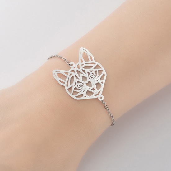 Bild von Edelstahl Haustier Silhouette Armband Silberfarbe Katze Filigran Hohl 13.5cm lang, 1 Strang