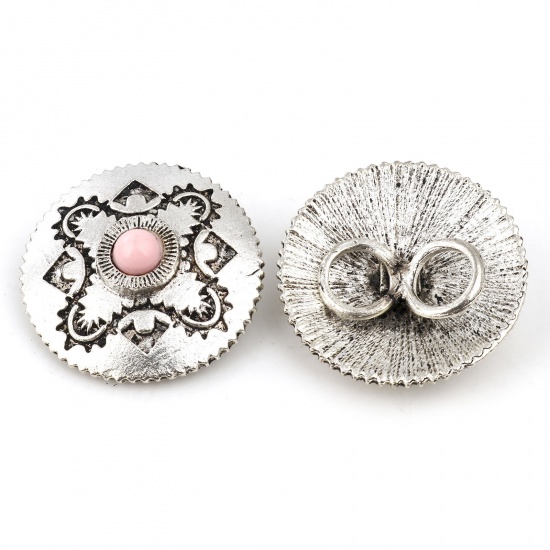 Immagine di Lega di Zinco + Resina Stile Bohemien Metallo Gambo Bottone Due Fori Tondo Argento Antico Rosa 29mm Dia, 3 Pz
