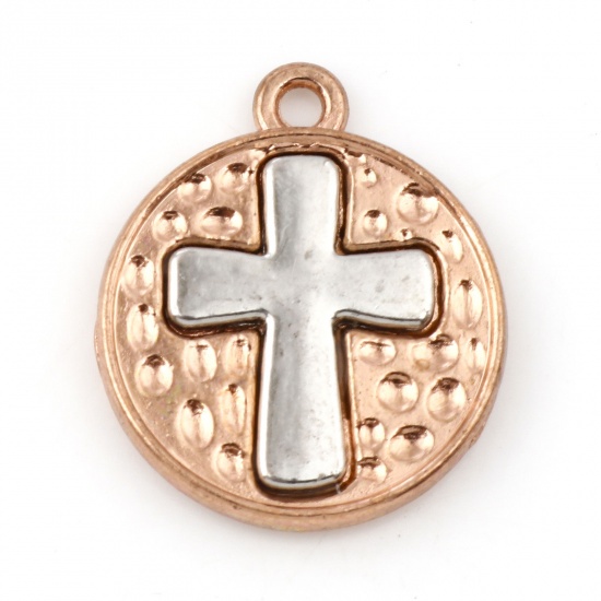Picture of Zinc Based Alloy Religious Charms Silver Tone & Rose Gold Round Cross 23mm x 20mm, 5 PCs