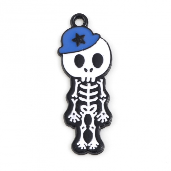 Imagen de Zamak Halloween Colgantes Cráneo Negro Blanco & Azul Esmalte 3.3cm x 1.2cm, 5 Unidades