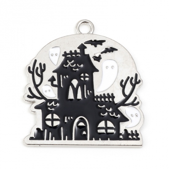 Imagen de Zamak Halloween Colgantes Halloween Casa de demonio Tono de Plata Negro & Blanco Esmalte 3.2cm x 2.9cm, 5 Unidades