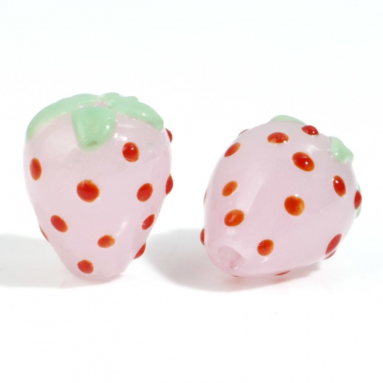 Bild von Lampwork Glas 3D-Perlen, Erdbeere, Rosa, ca. 15 x 14 mm - 15 x 12 mm, Bohrung: ca. 1,6 mm, 2 Stck