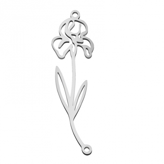 Picture of 304 Stainless Steel Birth Month Flower Connectors Silver Tone February Hollow 4.4cm x 1.3cm, 1 Piece
