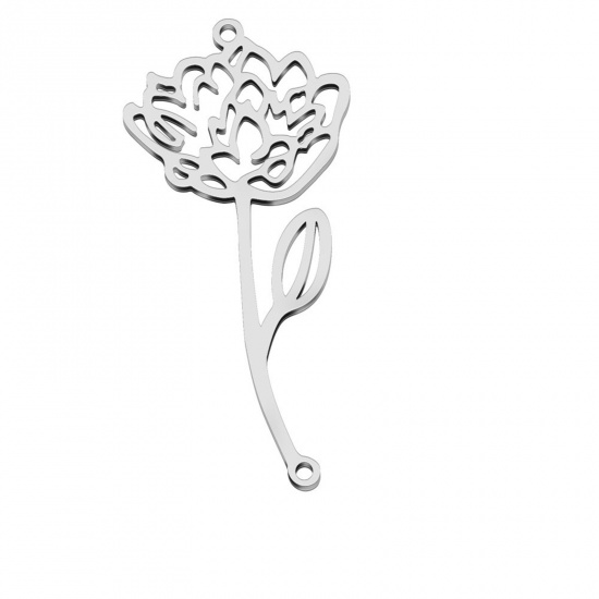 Picture of 304 Stainless Steel Birth Month Flower Connectors Silver Tone July Hollow 4.4cm x 2.1cm, 1 Piece