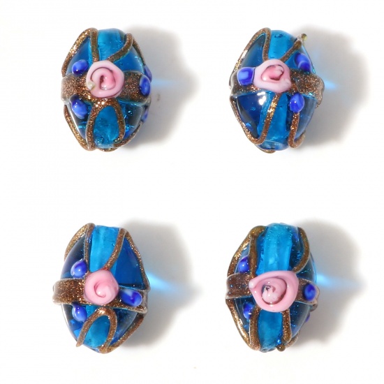 Bild von Muranoglas Perlen Oval Blau Blumen ca 17mm x 13mm, Loch:ca. 1.8mm, 5 Stück