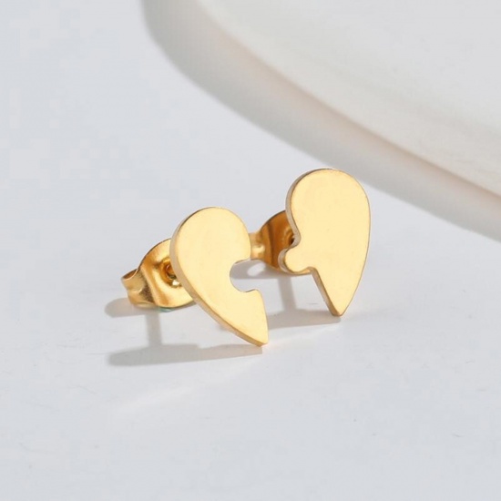 Bild von Titan Edelstahl Ins Stil Asymmetrische Ohrringe Vergoldet Herz Puzzle 10mm x 5mm, Drahtstärke: (18 gauge), 2 Paare