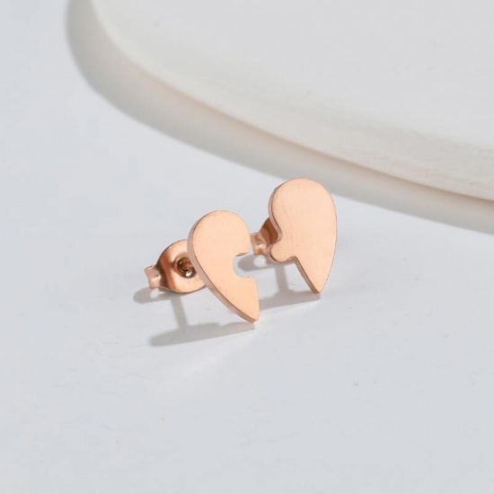 Bild von Titan Edelstahl Ins Stil Asymmetrische Ohrringe Rosegold Herz Puzzle 10mm x 5mm, Drahtstärke: (18 gauge), 2 Paare
