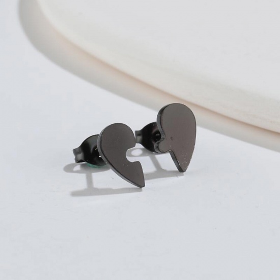 Bild von Titan Edelstahl Ins Stil Asymmetrische Ohrringe Schwarz Herz Puzzle 10mm x 5mm, Drahtstärke: (18 gauge), 2 Paare