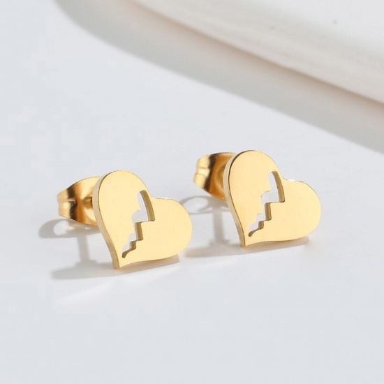 Bild von Titan Edelstahl Ins Stil Ohrring Ohrstecker Vergoldet Herz Hohl 10mm x 8mm, Drahtstärke: (18 gauge), 2 Paare