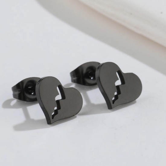 Bild von Titan Edelstahl Ins Stil Ohrring Ohrstecker Schwarz Herz Hohl 10mm x 8mm, Drahtstärke: (18 gauge), 2 Paare