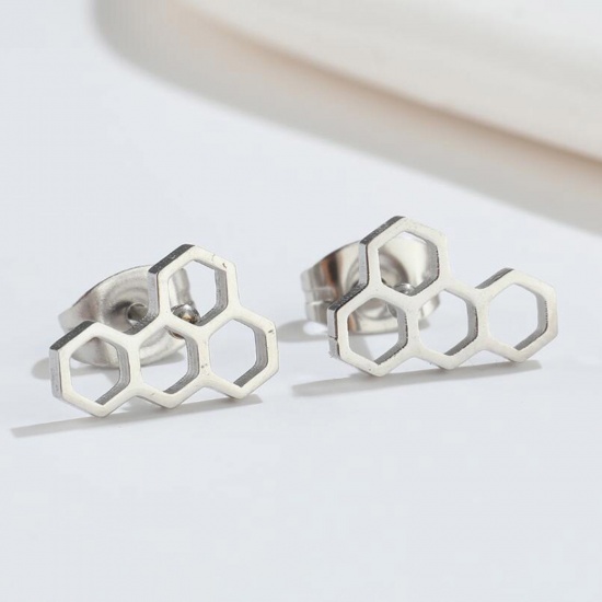 Bild von Titan Edelstahl Ins Stil Ohrring Ohrstecker Silberfarbe Chemische Formel 11mm x 7mm, Drahtstärke: (18 gauge), 2 Paare