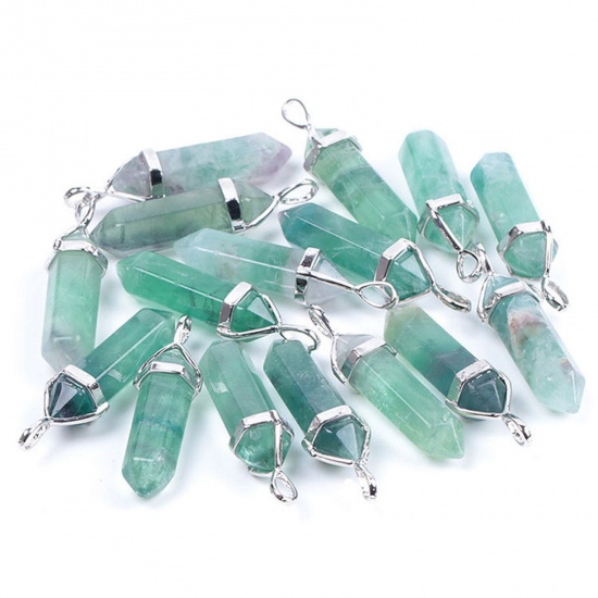 Bild von Kupfer & Fluorit ( Natur ) Yoga Heilung Anhänger Sechseckige Säule Silberfarbe Grün 4.1cm x 1.2cm, 1 Stück
