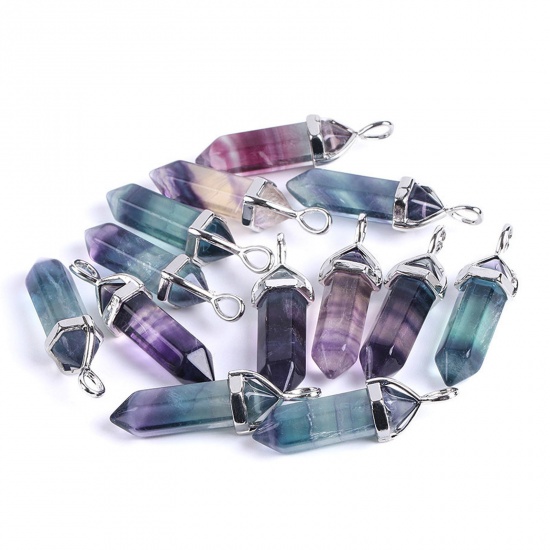 Bild von Kupfer & Fluorit ( Natur ) Yoga Heilung Anhänger Sechseckige Säule Silberfarbe Bunt 4.1cm x 1.2cm, 1 Stück