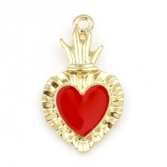 Picture of Zinc Based Alloy Religious Charms Gold Plated Red Ex Voto Heart Enamel 27mm x 15mm, 10 PCs