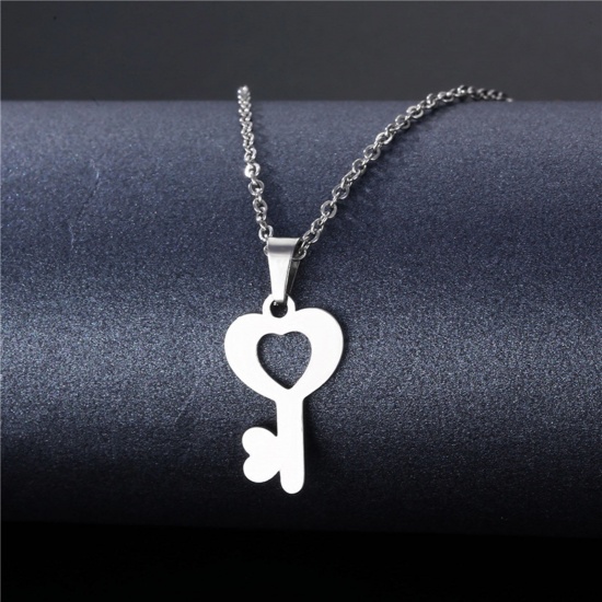 Bild von 304 Edelstahl Valentinstag Gliederkette Kette Halskette Silberfarbe Herz Schlüssel 45cm lang, 2 Strange