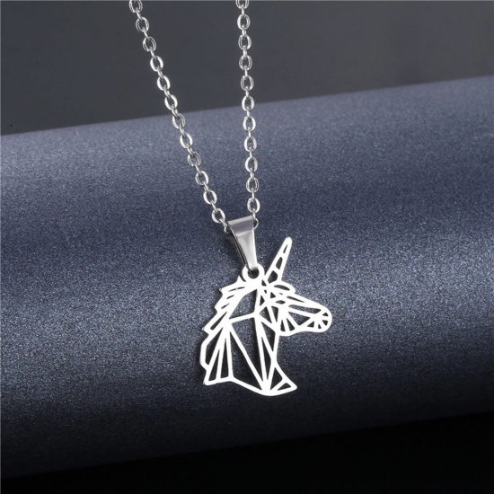 Bild von 304 Edelstahl Origami Gliederkette Kette Halskette Silberfarbe Pferd 45cm lang, 2 Strange