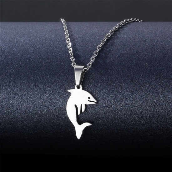 Immagine di 304 Acciaio Inossidabile Gioielli Oceanici Cavo Catena Collana Tono Argento Delfino 45cm Lunghezza, 2 Pz