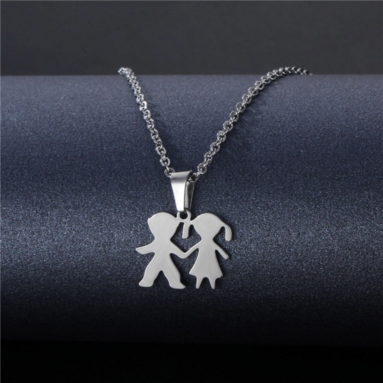 Immagine di 304 Acciaio Inossidabile San Valentino Cavo Catena Collana Tono Argento Amanti Ragazzo & Ragazza Amante 45cm Lunghezza, 2 Pz